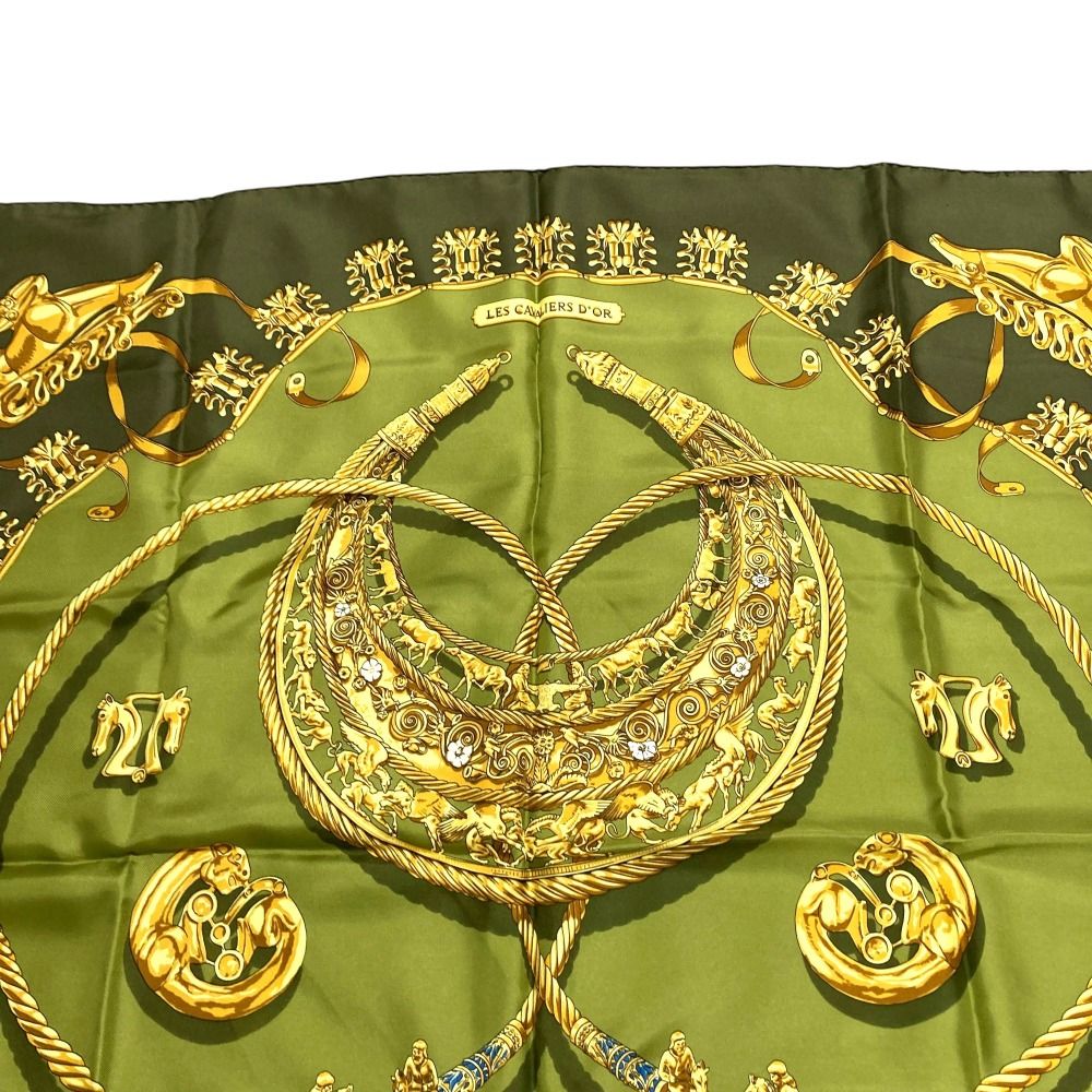 Hermes les Cavaliers D'or Yellow Golden Knight Carre 90 Silk Scarf Green — view 6