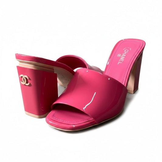 Chanel CC Logo Mules Chanki Heels 36.5 Pink Patent Calfskin