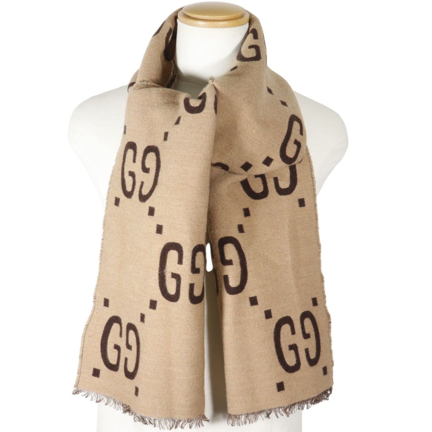 Gucci GG Jacquard Wool Silk Beige Scarf — view 2