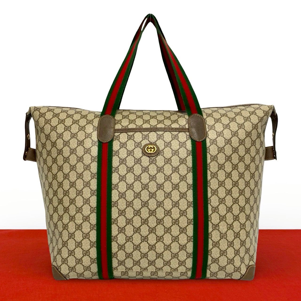 Gucci Vintage Sherry Line GG Logo Leather Tote Boston Bag Brown