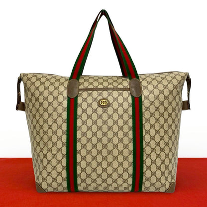 Gucci Vintage Sherry Line GG Logo Leather Tote Boston Bag Brown