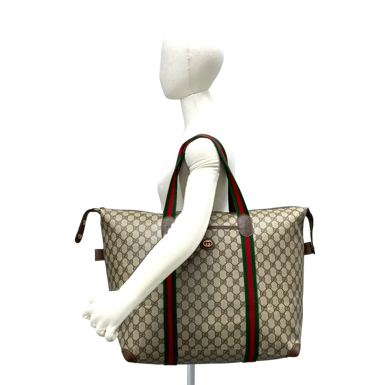 Gucci Vintage Sherry Line GG Logo Leather Tote Boston Bag Brown — view 2