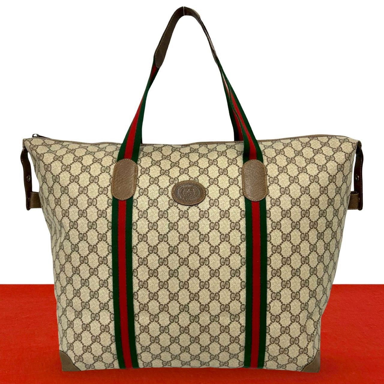 Gucci Vintage Sherry Line GG Logo Leather Tote Boston Bag Brown