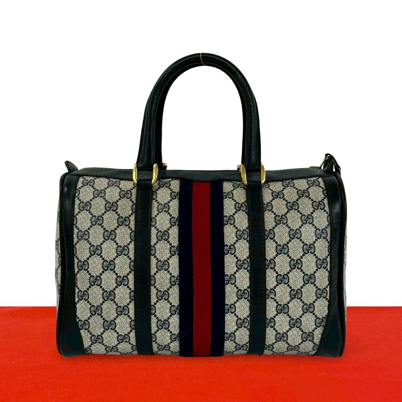 Gucci Vintage Sherry Line GG Logo Leather Mini Boston Bag Navy
