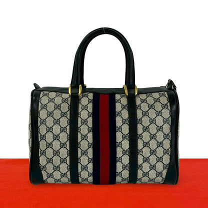Gucci Vintage Sherry Line GG Logo Leather Mini Boston Bag Navy