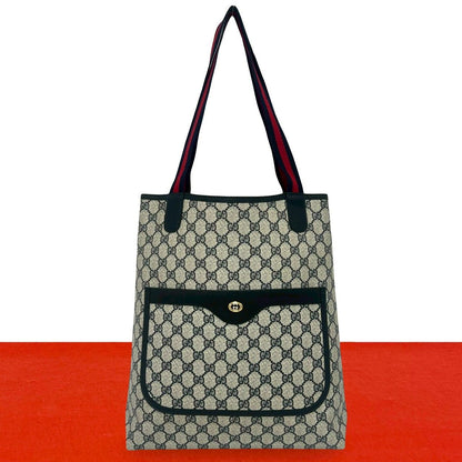 Gucci Vintage Sherry Line GG Logo Leather Tote Navy