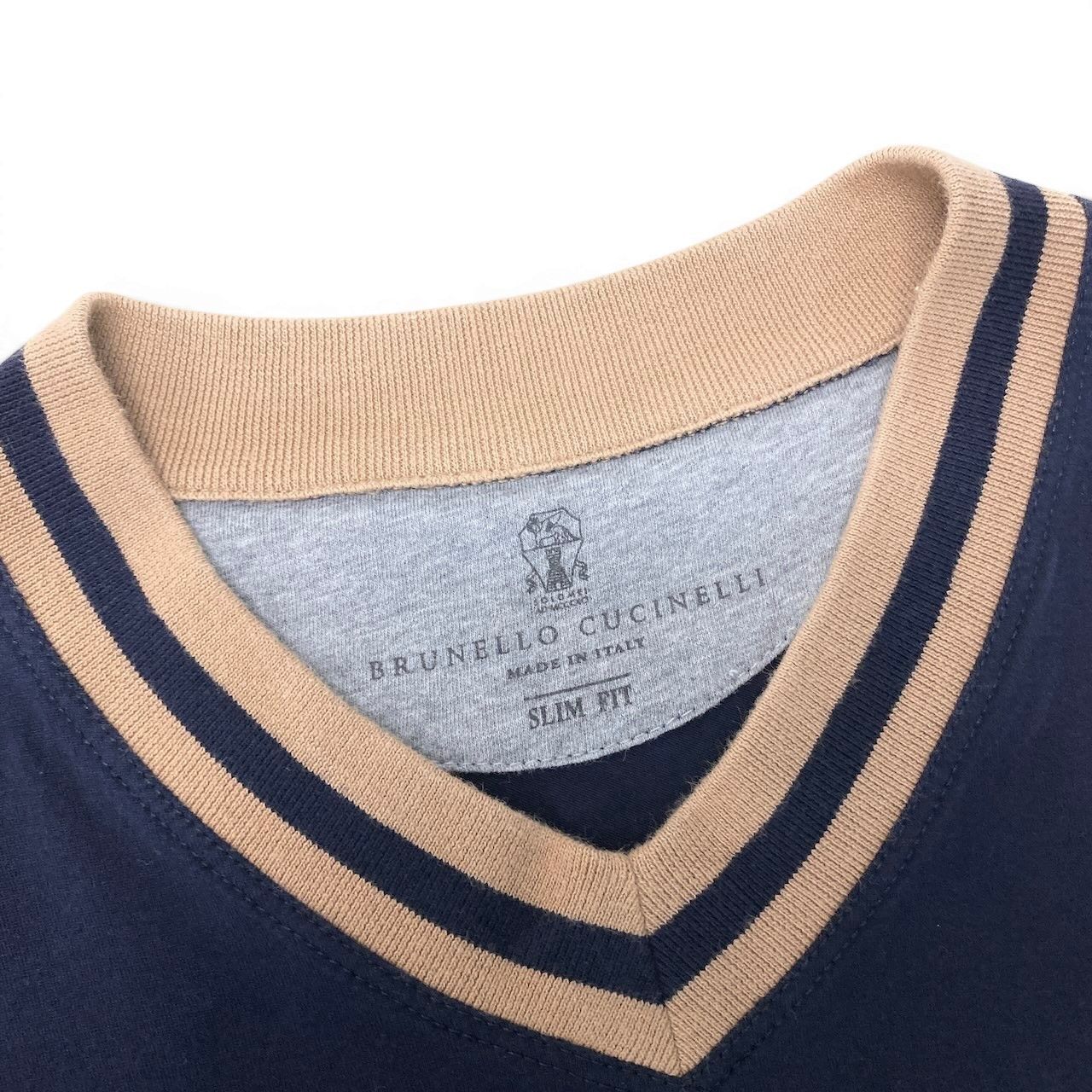 Brunello Cucinelli Slim Fit Rib Neck Short Sleeve T-Shirt XS Navy Beige Cotton — view 6