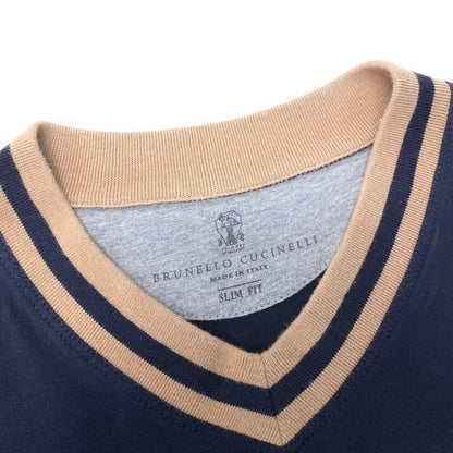 Brunello Cucinelli Slim Fit Rib Neck Short Sleeve T-Shirt XS Navy Beige Cotton — view 6