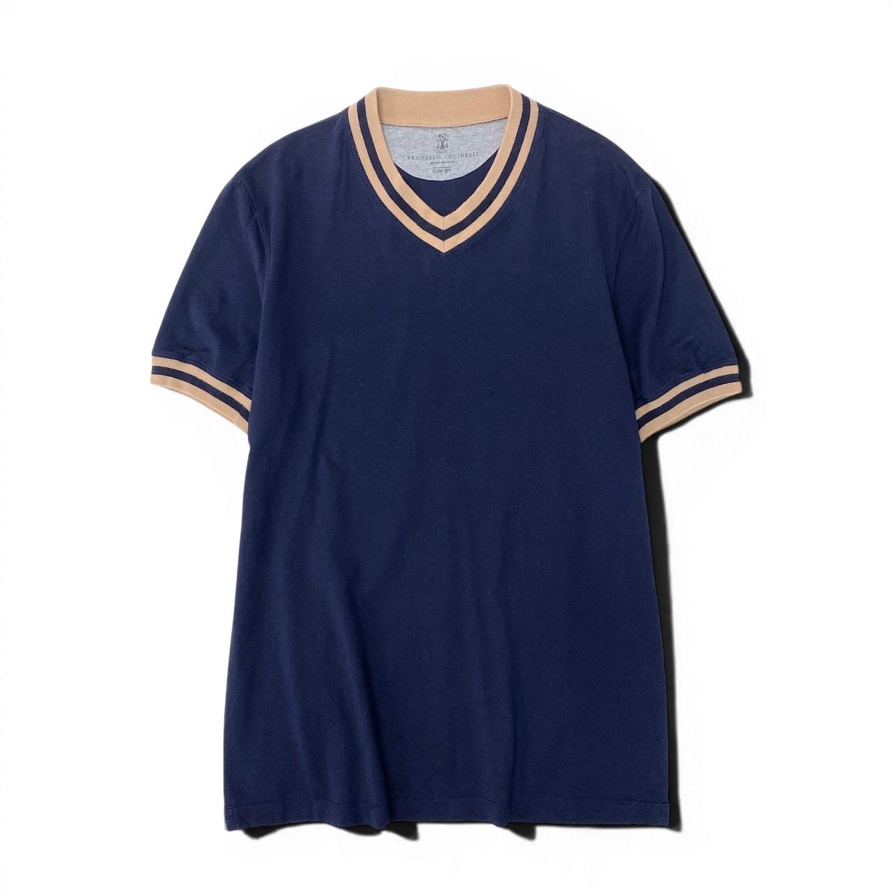 Brunello Cucinelli Slim Fit Rib Neck Short Sleeve T-Shirt XS Navy Beige Cotton