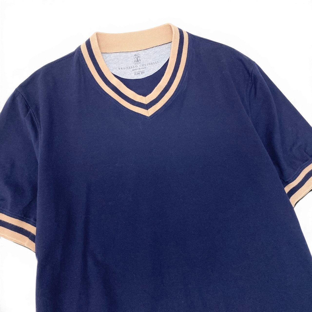Brunello Cucinelli Slim Fit Rib Neck Short Sleeve T-Shirt XS Navy Beige Cotton — view 3