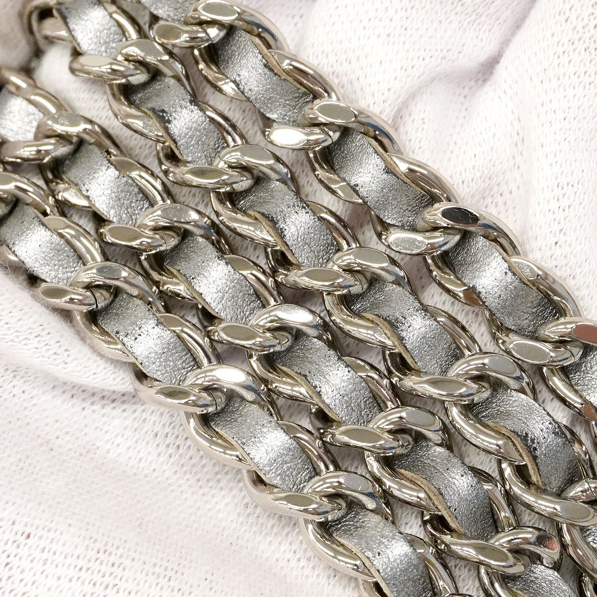 Chanel Shoulder Wallet Stitch Chez Blanc Coating Leather Silver — view 8