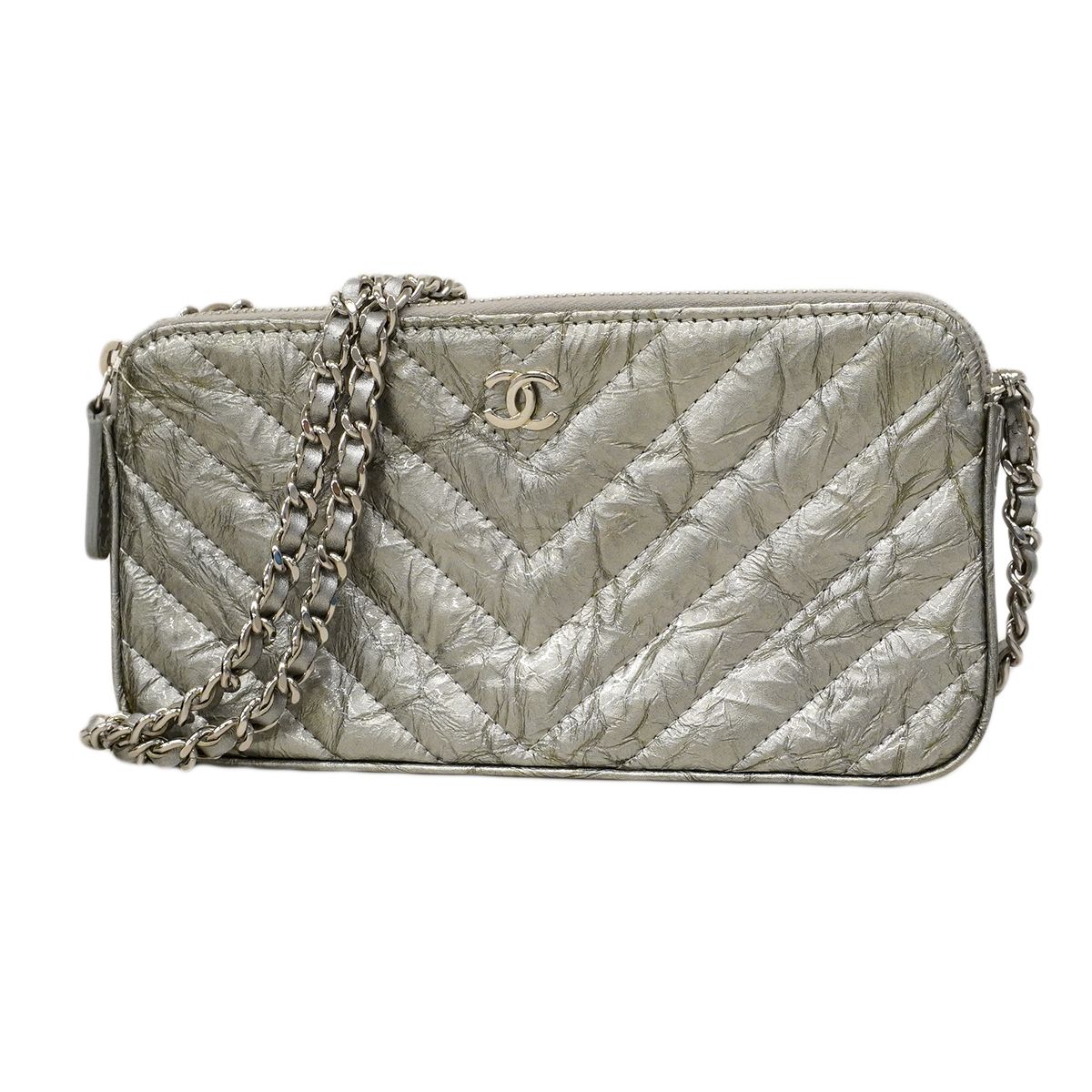 Chanel Shoulder Wallet Stitch Chez Blanc Coating Leather Silver