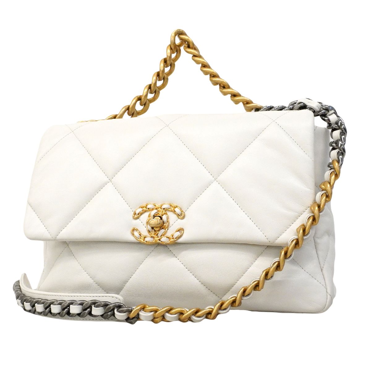 Chanel Handbag 19 Lambskin White Gold Silver 2-Way
