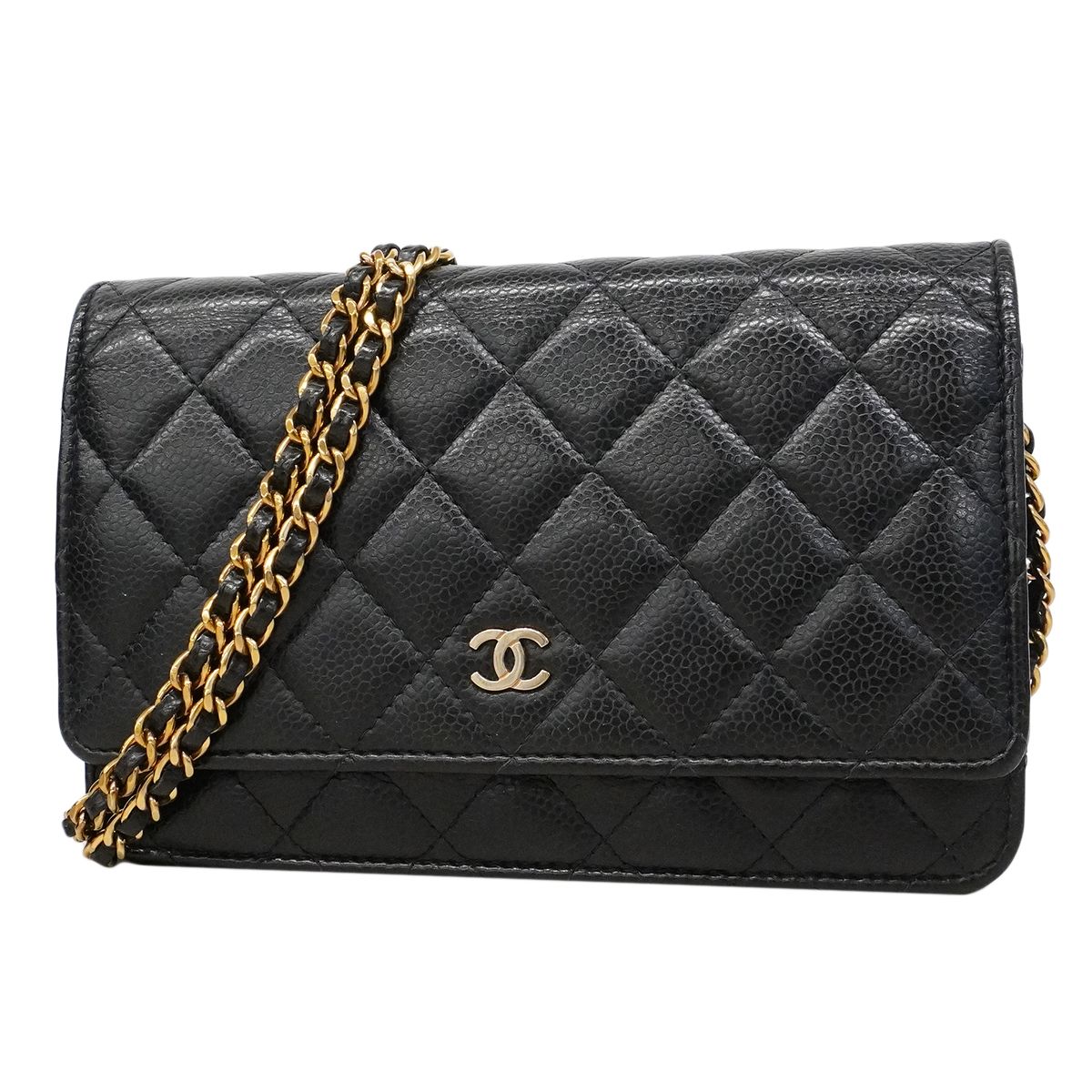 Chanel Shoulder Wallet Quilted Caviar Leather Black Gold