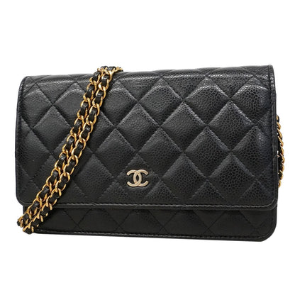 Chanel Shoulder Wallet Quilted Caviar Leather Black Gold