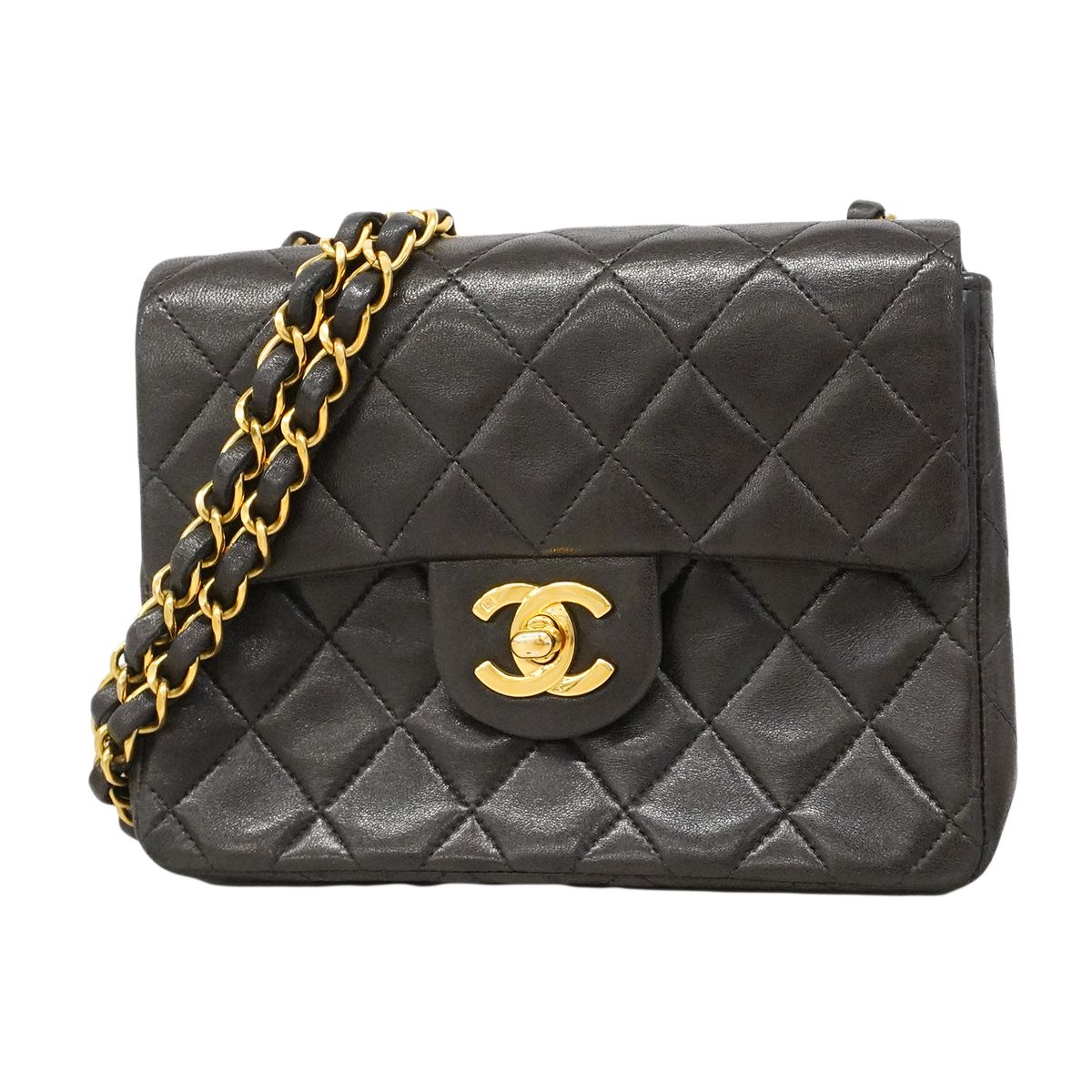 Chanel Shoulder Bag Mini Quilted Lambskin Black Gold