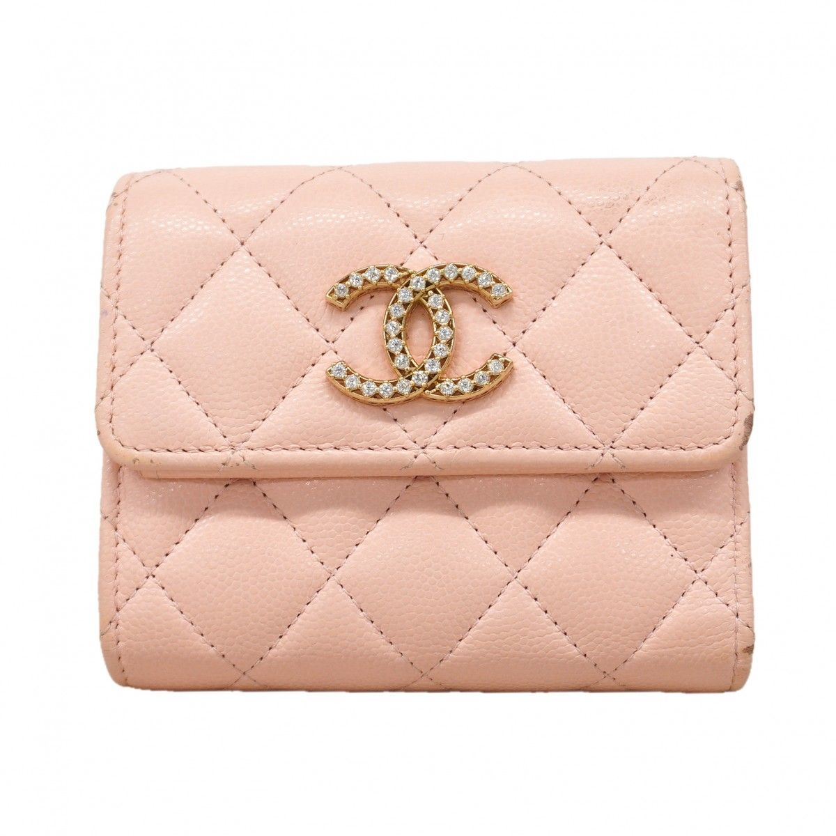 Chanel Trifold Wallet Quilted Caviar Leather Pink Champagne Gold