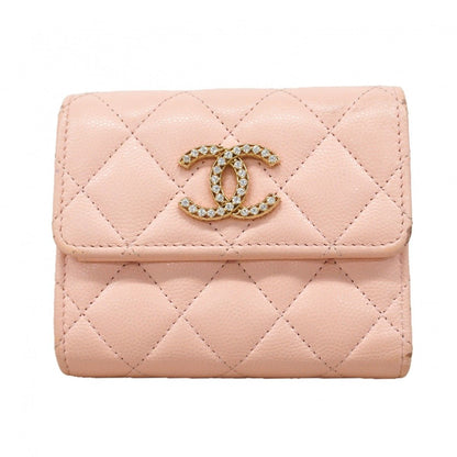 Chanel Trifold Wallet Quilted Caviar Leather Pink Champagne Gold