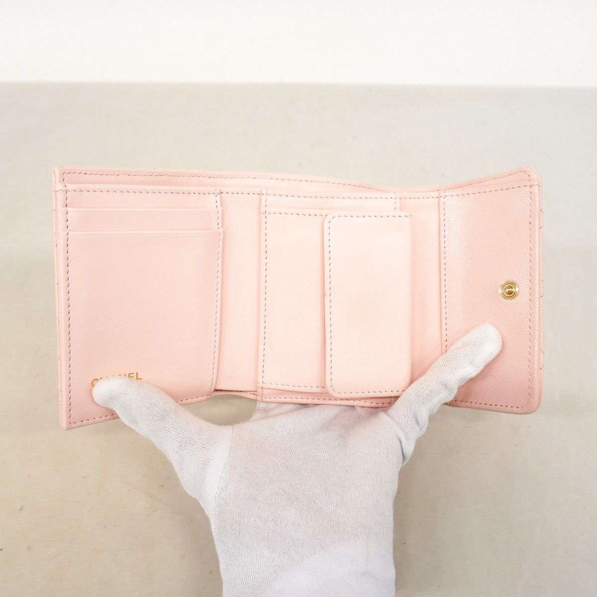 Chanel Trifold Wallet Quilted Caviar Leather Pink Champagne Gold — view 3