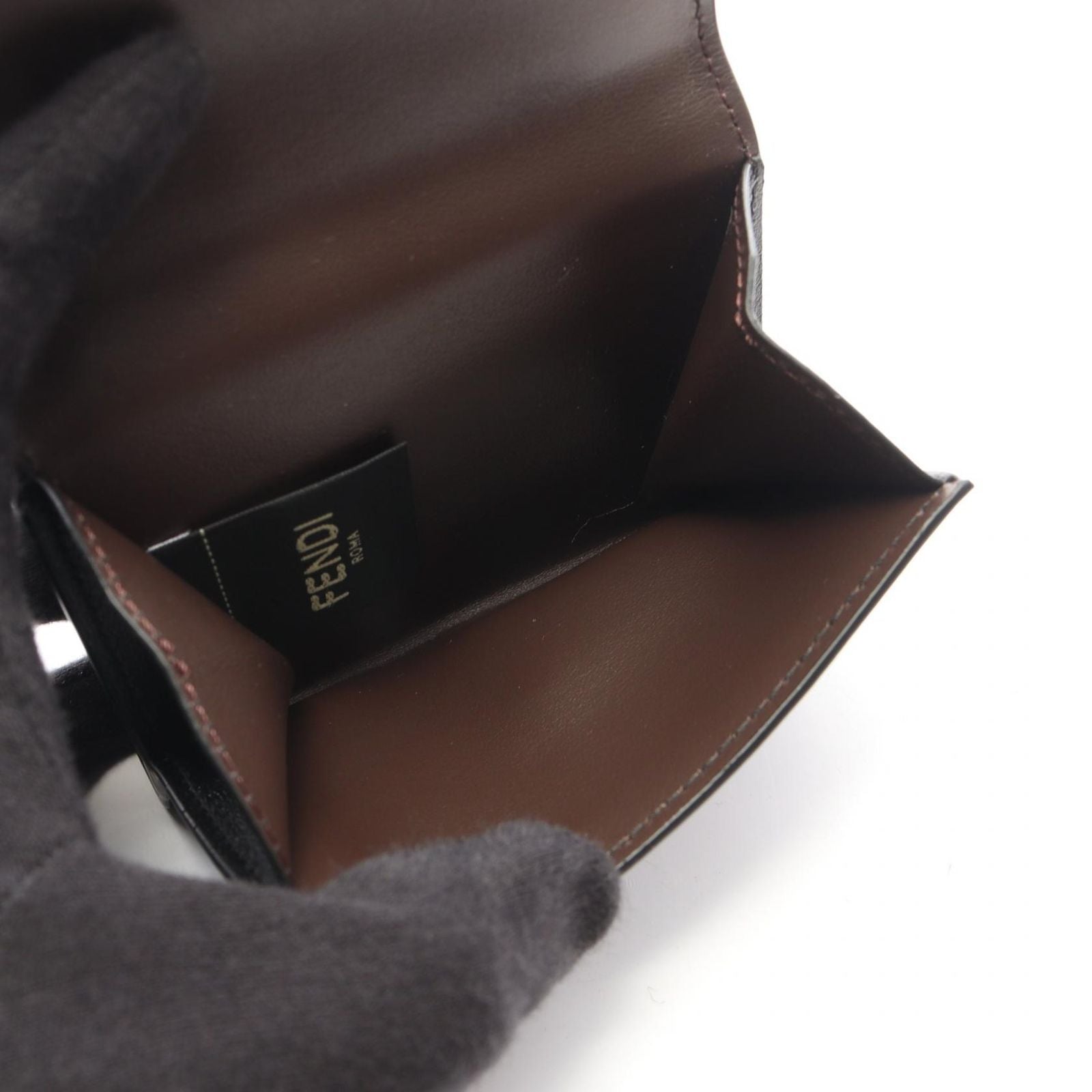 Fendi Trifold Wallet Way Black Chocolate Brown Leather Way Small — view 4