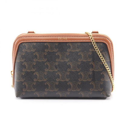 Celine Shoulder Bag Chain Clutch Triomphe Brown Canvas Leather