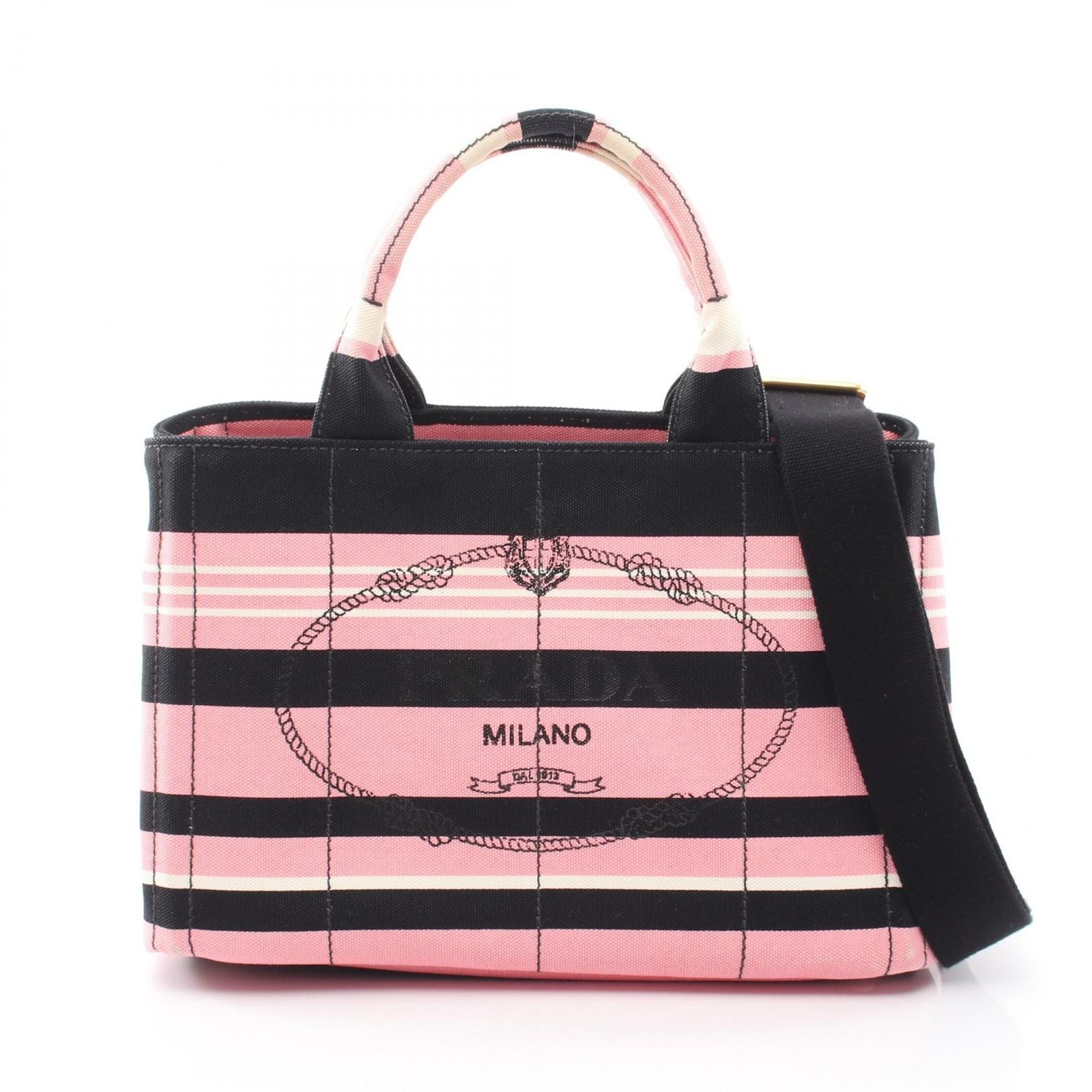 Prada Tote Canapa Righe 2-Way Pink Black Canvas