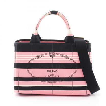 Prada Tote Canapa Righe 2-Way Pink Black Canvas