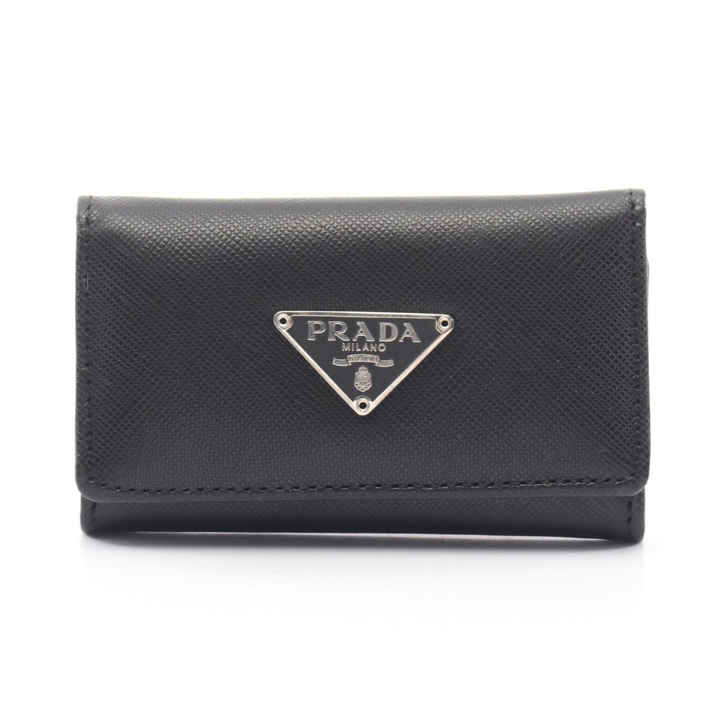 Prada Key Case Triangle Plate 6 Rows Black Saffiano Leather Logo Key Holder