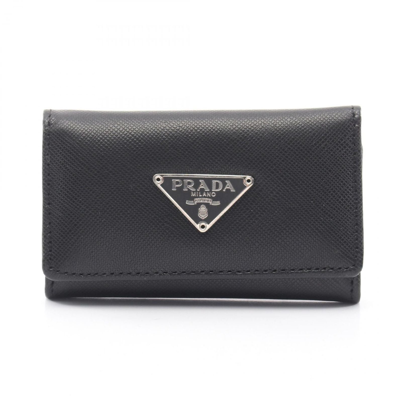 Prada Key Case Triangle Plate 6 Rows Black Saffiano Leather Logo Key Holder
