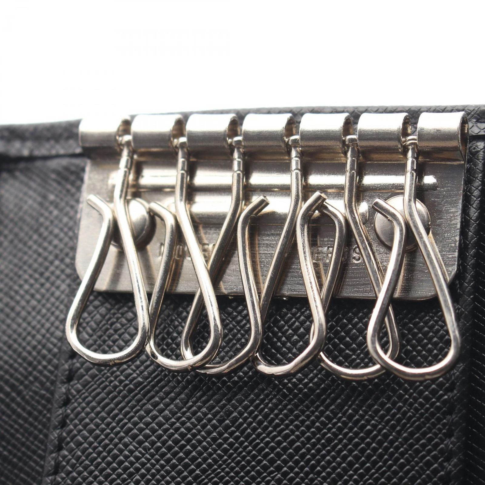Prada Key Case Triangle Plate 6 Rows Black Saffiano Leather Logo Key Holder — view 8