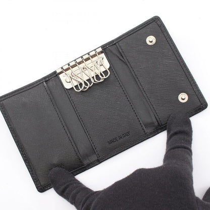 Prada Key Case Triangle Plate 6 Rows Black Saffiano Leather Logo Key Holder — view 3