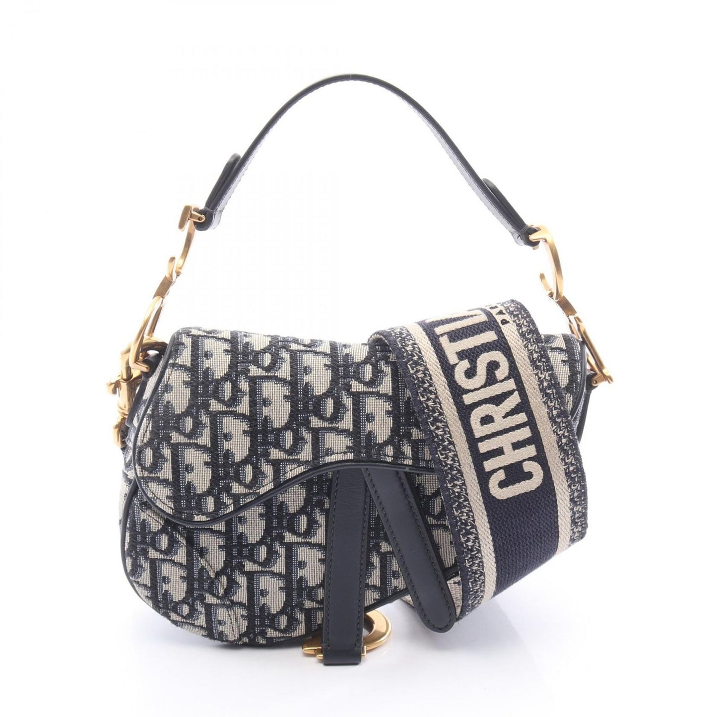 Dior Handbag Saddle Oblique 2-Way Navy Canvas Leather Bag Mini
