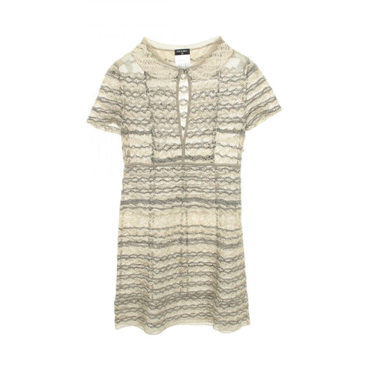 Chanel Dress CC Logo Button Short Sleeve White Fabric Cotton Knit