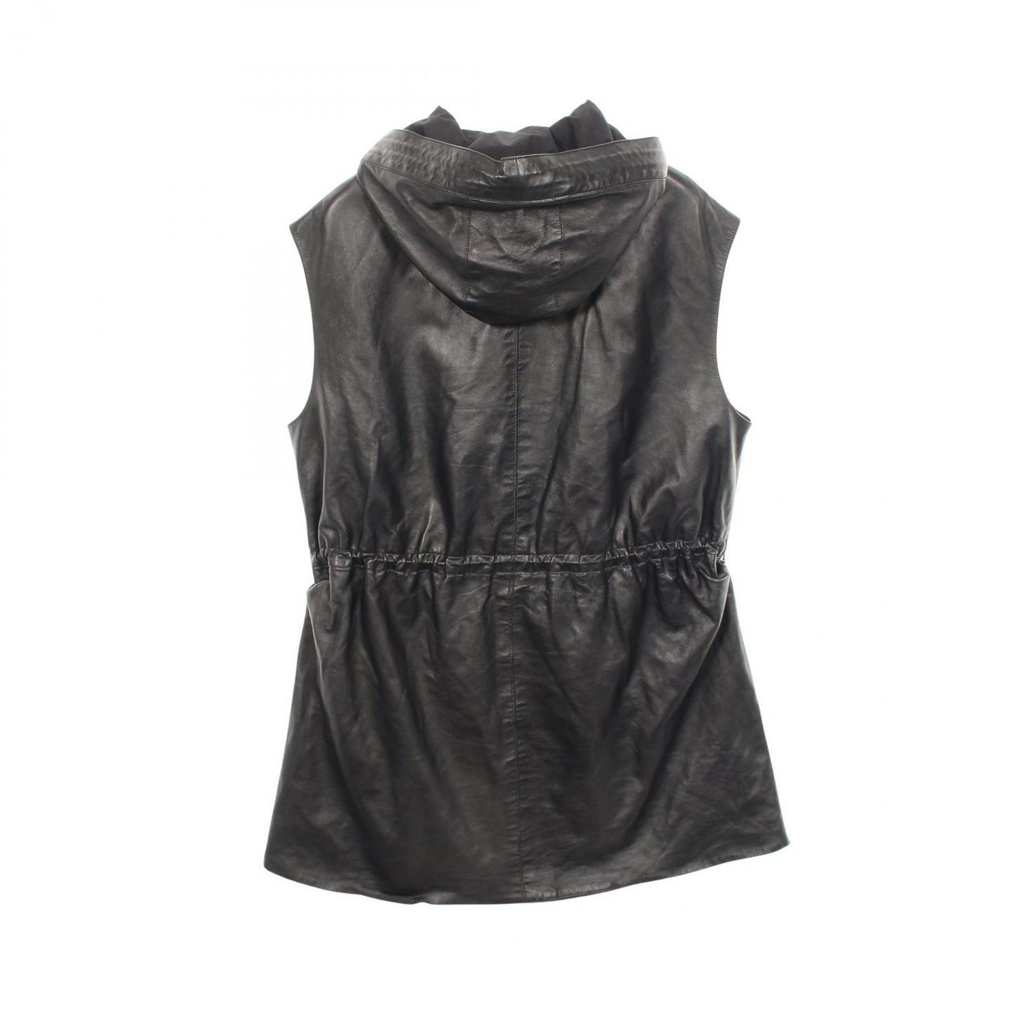 Hermes Series Button Hooded Gilet Brown Leather Coat Vest — view 2