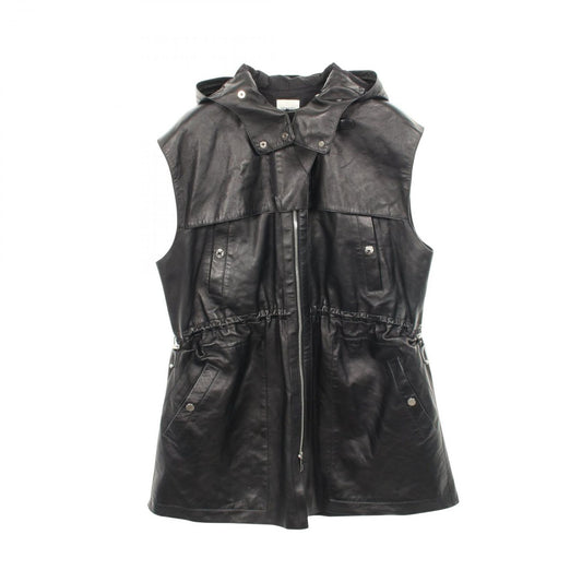 Hermes Series Button Hooded Gilet Brown Leather Coat Vest