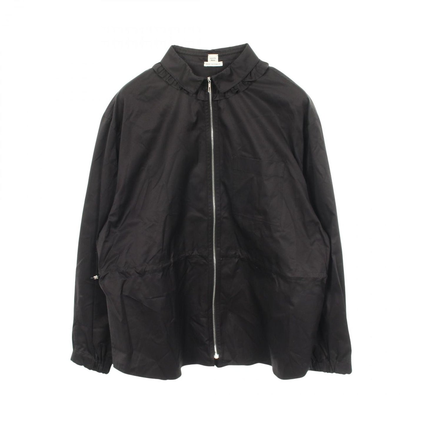 Hermes Blouse Zip Up Ruffle Shirt Black Cotton Jacket