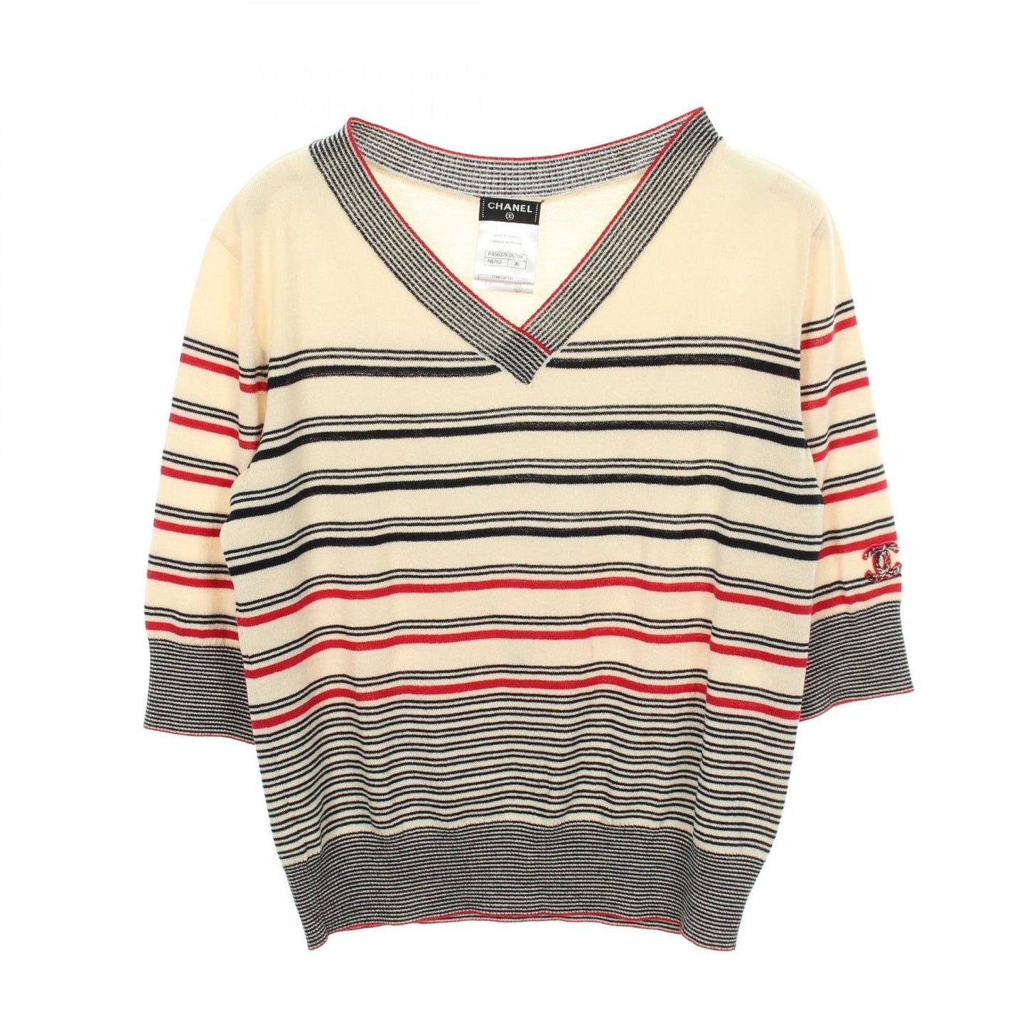 Chanel Knit CC Logo Striped Neck Wool Cotton Sweater