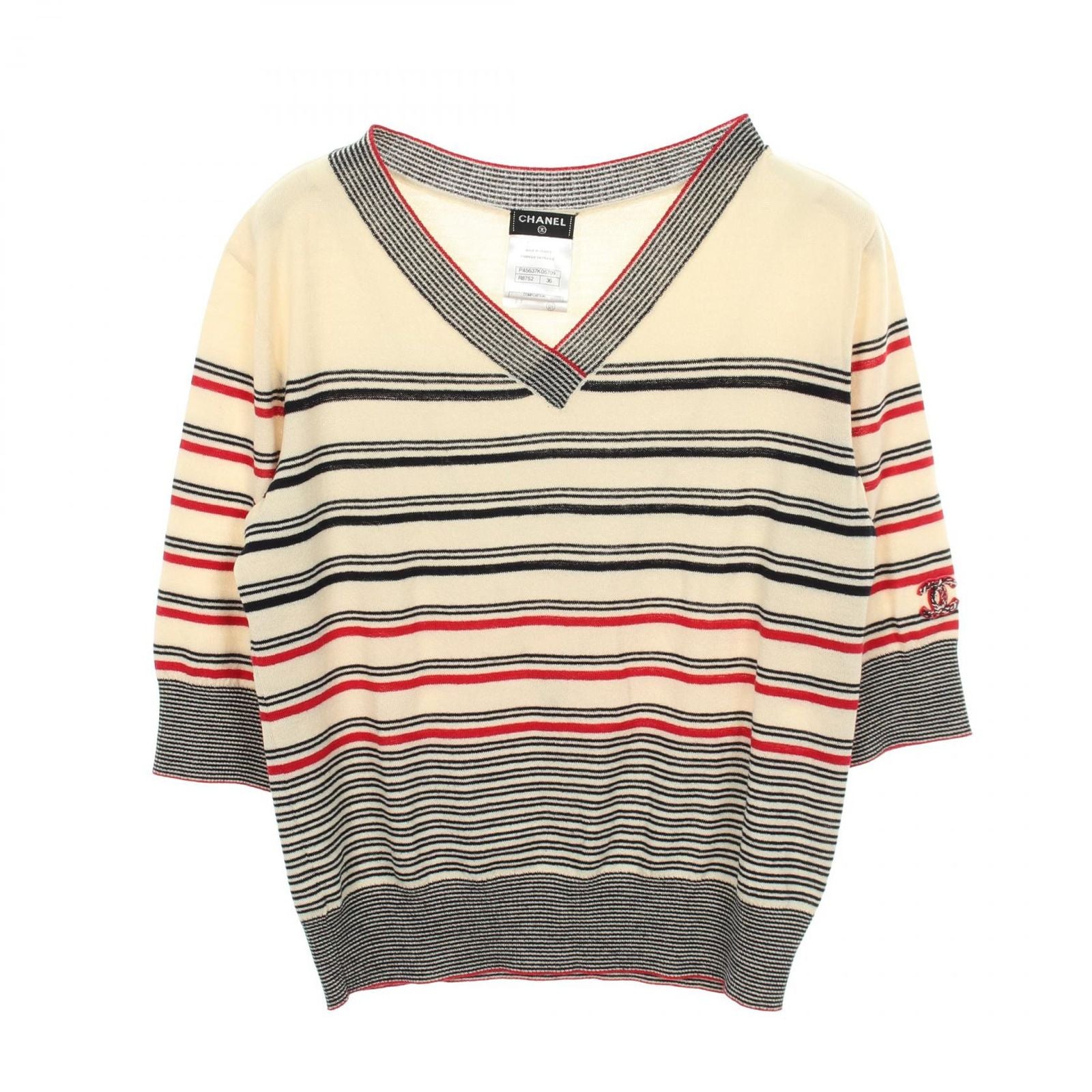 Chanel Knit CC Logo Striped Neck Wool Cotton Sweater