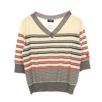 Chanel Knit CC Logo Striped Neck Wool Cotton Sweater