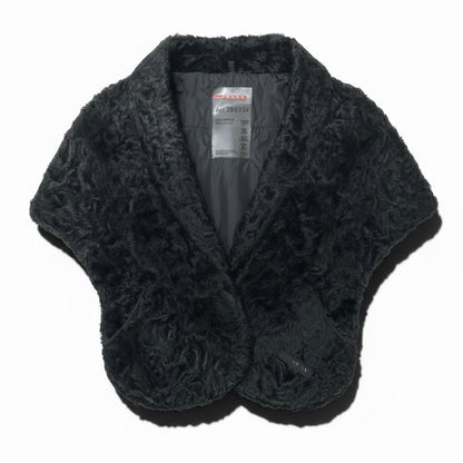 Prada Prda Calgum Lamb Pocono Fur Poncho Large Shawl Black Scarf
