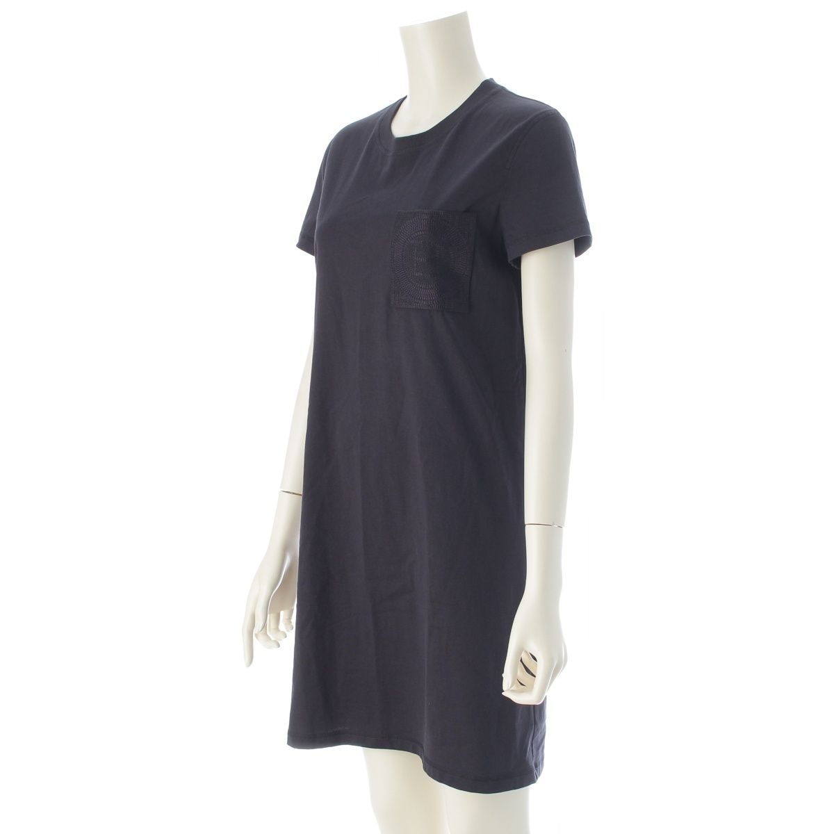 Hermes Cotton Top Embroidery Pocket Short Sleeve Dress Navy 34 — view 2