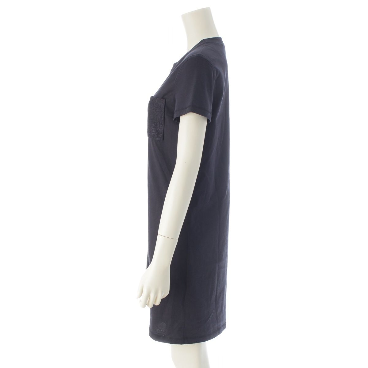 Hermes Cotton Top Embroidery Pocket Short Sleeve Dress Navy 34 — view 3