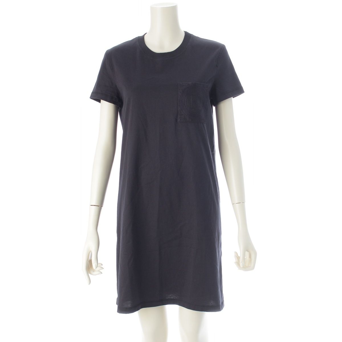 Hermes Cotton Top Embroidery Pocket Short Sleeve Dress Navy 34