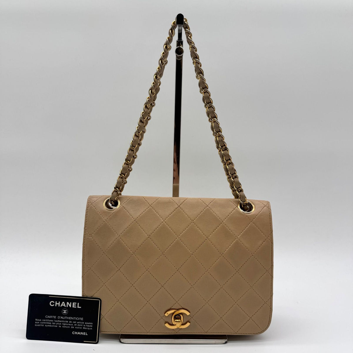 Chanel Shoulder Bag Quilted Turnlock CC Logo Chain Beige Leather