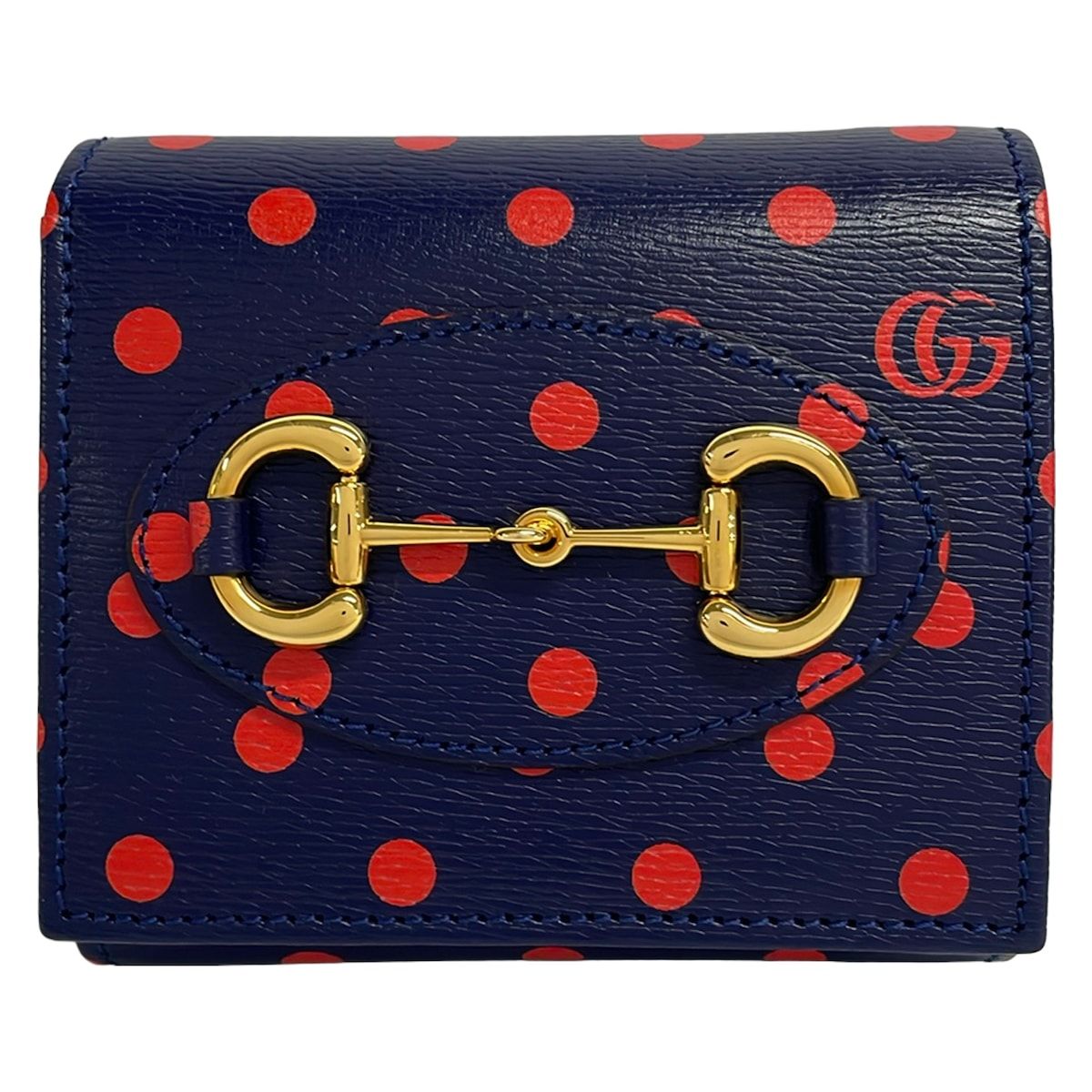 Gucci Bifold Wallet Horsebit Navy Red Dot Pattern Leather