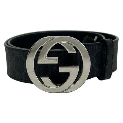 Gucci Belt 85 34 Black Dark Gray Silver Interlocking GG Plus Supreme Leather