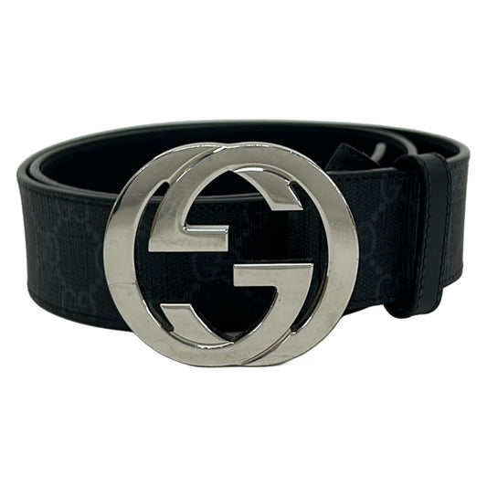 Gucci Belt 85 34 Black Dark Gray Silver Interlocking GG Plus Supreme Leather