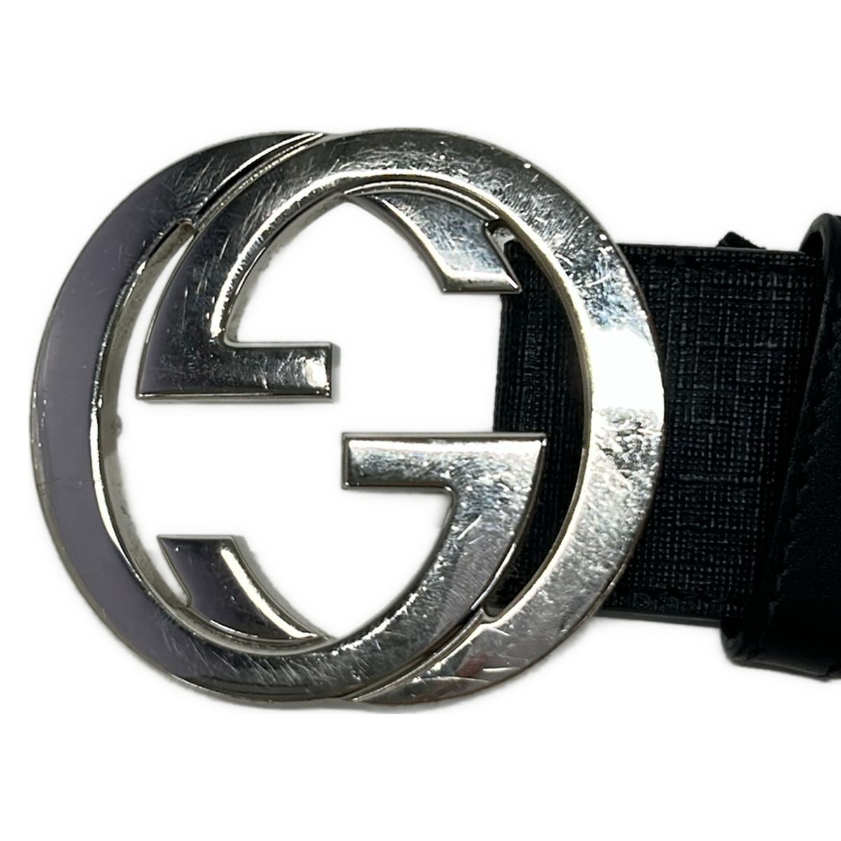 Gucci Belt 85 34 Black Dark Gray Silver Interlocking GG Plus Supreme Leather — view 3