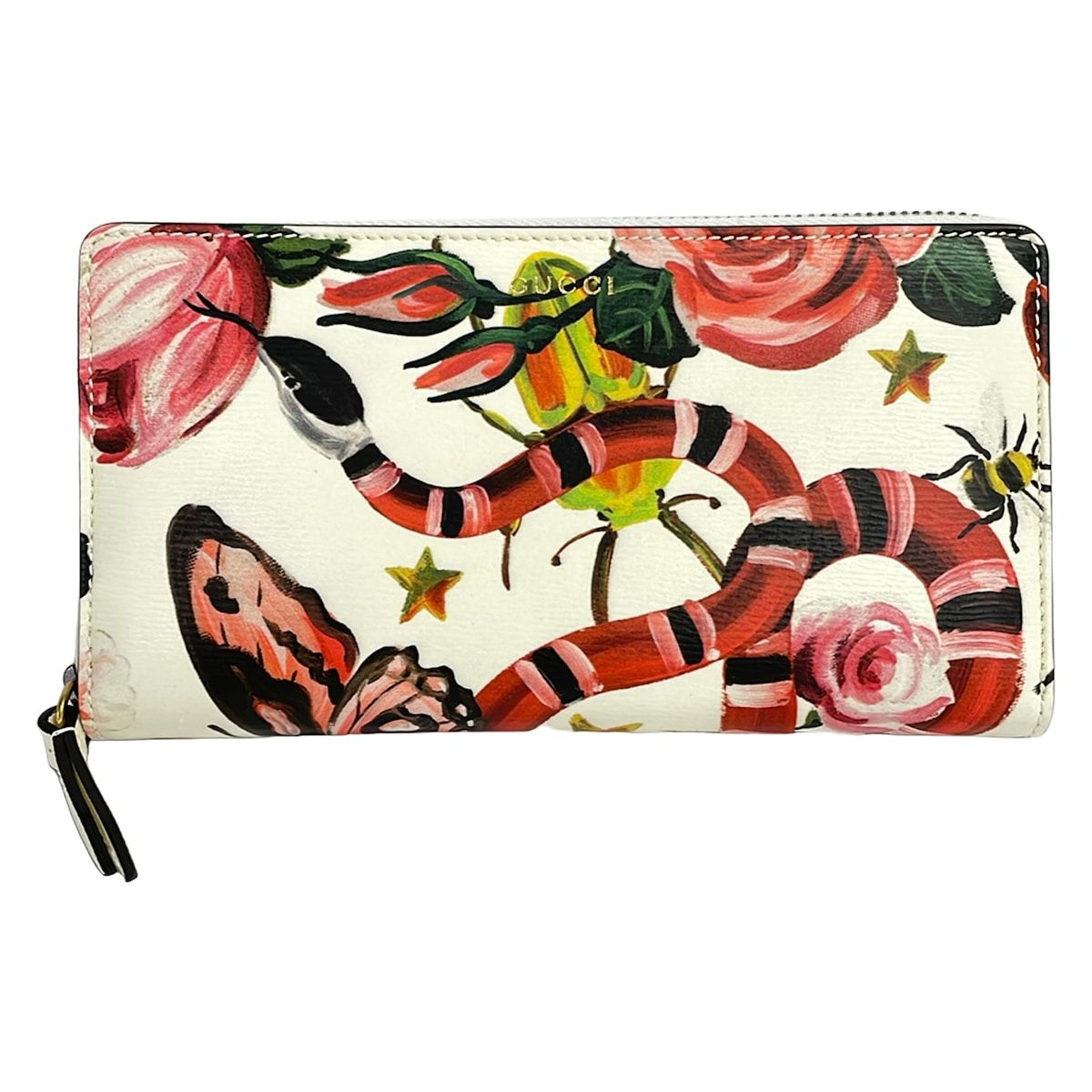 Gucci Wallet Ivory Dark Green Multi Snake Butterfly Zip Around Leather