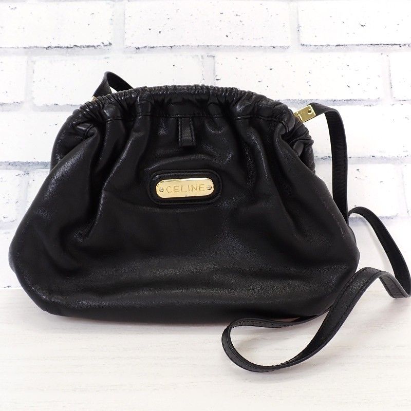 Celine Kiss Lock Shoulder Vintage Bag Tote Leather Black Gold